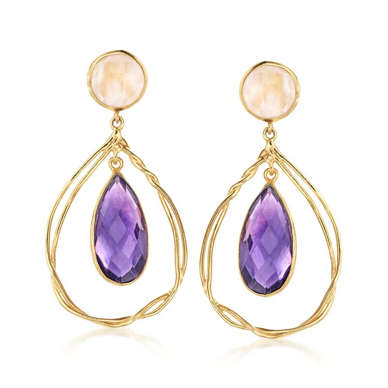 10.00 ct. t.w. Amethyst and Rose Quartz Drop Earrings in 18kt Gold Over Sterling image number 0
