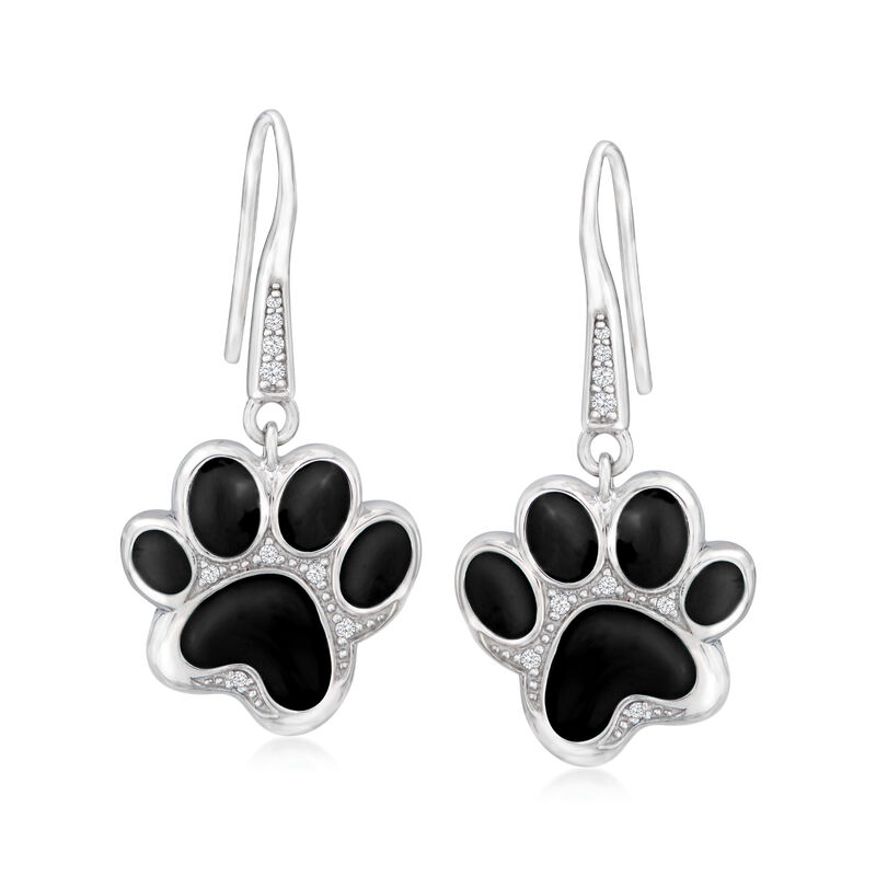Belle Etoile &quot;Paw Print&quot; Black Enamel Drop Earrings with .10 ct. t.w. CZs in Sterling Silver  image number 0