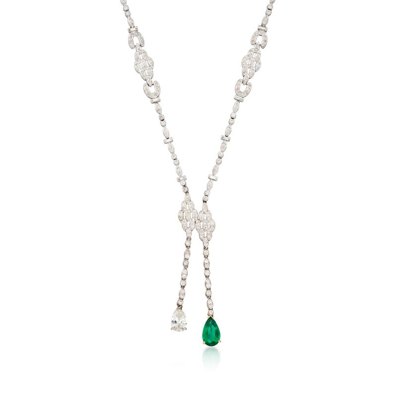 C. 2000 Vintage 9.15 ct. t.w. Diamond and 2.35 Carat Emerald Lariat Necklace in 18kt White Gold image number 0