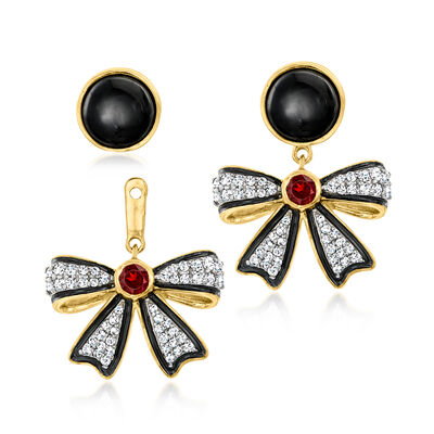 Onyx, .40 ct. t.w. White Topaz and .10 ct. t.w. Garnet Bow Drop Earrings with Black Enamel in 18kt Gold Over Sterling