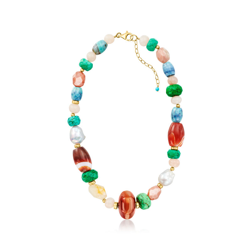 13-15mm Cultured Baroque Pearl and Multi-Gemstone Bead Necklace with 18kt Gold Over Sterling. 18&quot; image number 2