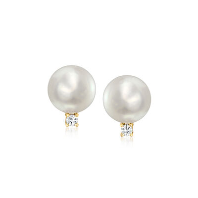 C. 1990 Vintage 13mm Cultured Pearl and .25 ct. t.w. Diamond Earrings in 14kt Yellow Gold
