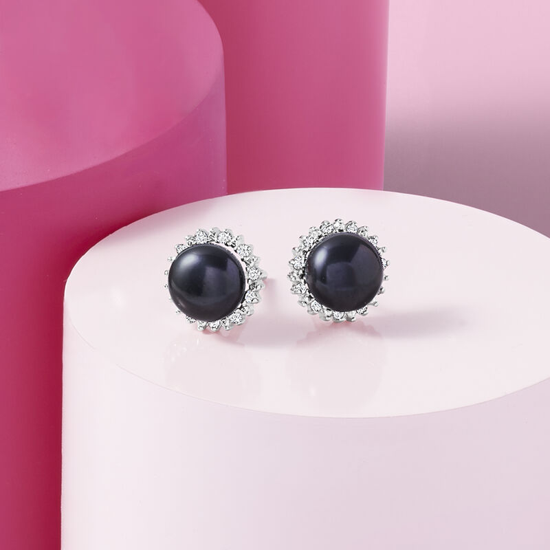 7-7.5mm Cultured Button Pearl and .13 ct. t.w. Diamond Stud Earrings in Sterling Silver image number 3