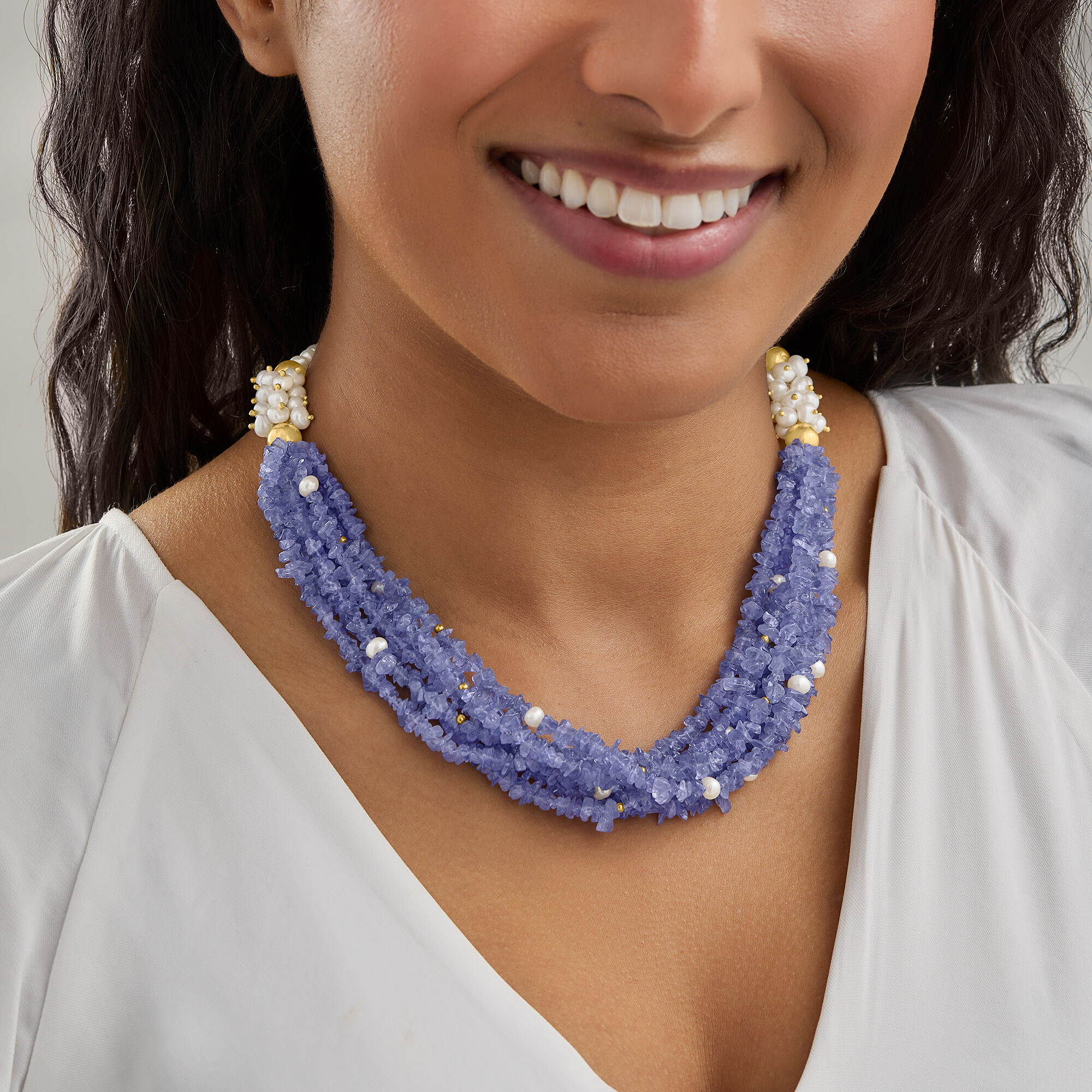 310.00 ct. t.w. Tanzanite Necklace with 4.5 5.5 mm Cultured Pearls in 18kt Yellow Gold Over Sterling. 18