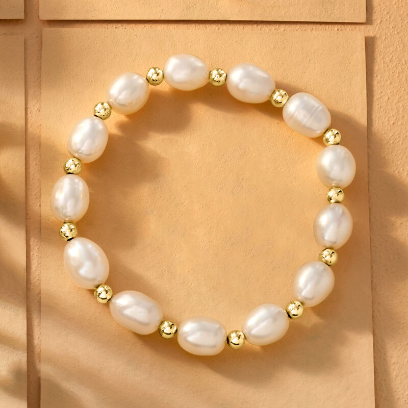8-9mm Cultured Pearl and 14kt Yellow Gold Bead Stretch Bracelet image number 4