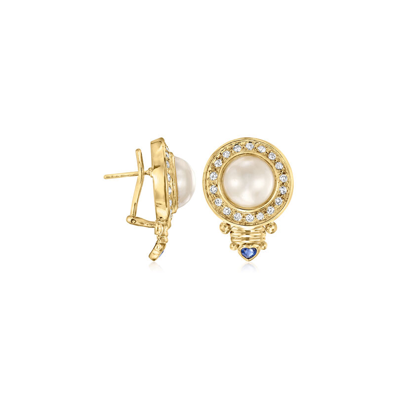 C. 1980 Vintage 11.8mm Cultured Mabe Pearl, 1.45 ct. t.w. Diamond and .36 ct. t.w. Sapphire Earrings in 14kt Yellow Gold  image number 2