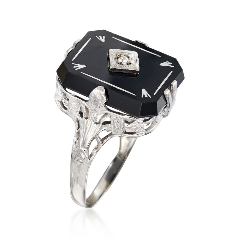 C. 1950 Vintage Black Onyx Ring with Diamond Accent in 14kt White Gold. Size 5.5 image number 2