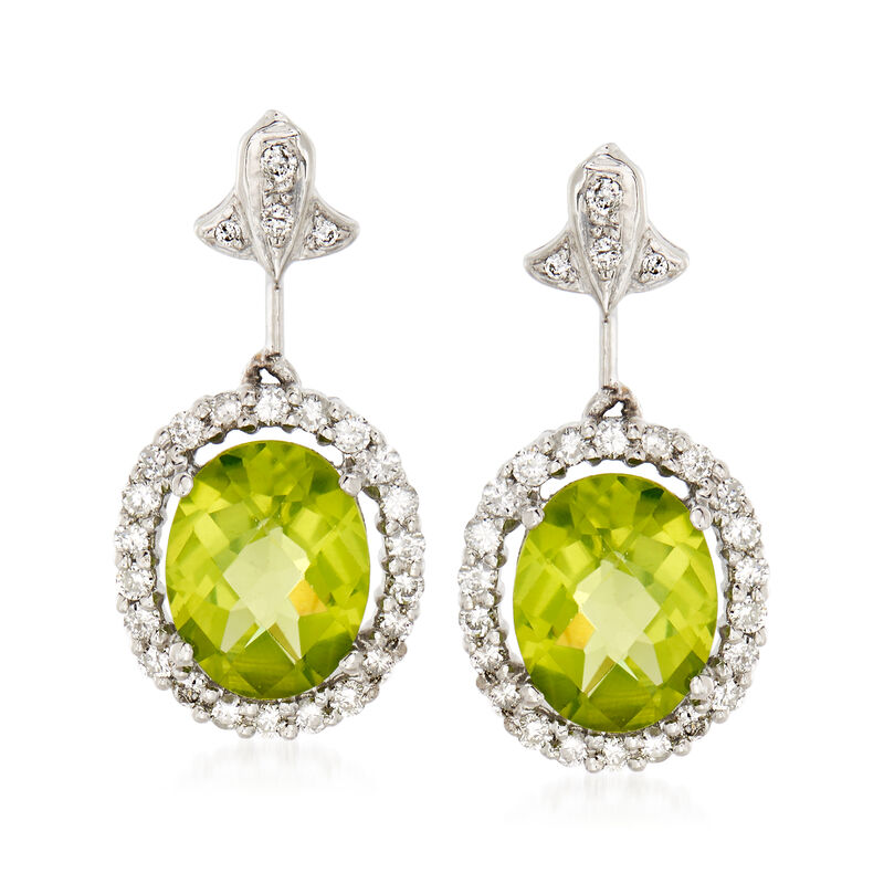 C. 1990 Vintage 3.90 ct. t.w. Peridot and .60 ct. t.w. Diamond Drop Earrings in 14kt White Gold image number 0