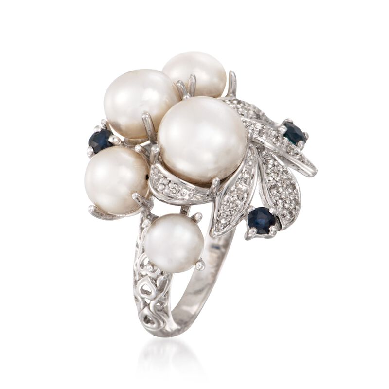 5-8mm Cultured Pearl and .20 ct. t.w. Sapphire Ring with Diamonds in Sterling Silver image number 2