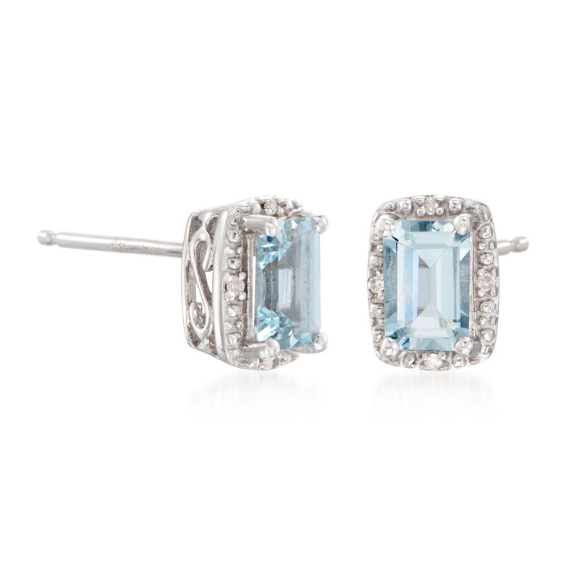 1.00 ct. t.w. Aquamarine Stud Earrings with Diamonds in Sterling Silver image number 2