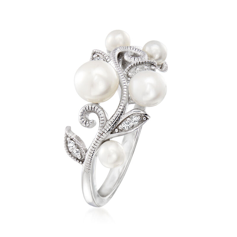 3-5.5mm Cultured Pearl Leaf Ring with Diamonds in Sterling Silver image number 2