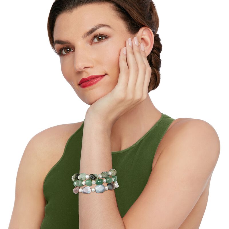 Multi-Stone and 6-6.5mm Cultured Pearl Jewelry Set: Three Stretch Bracelets image number 1