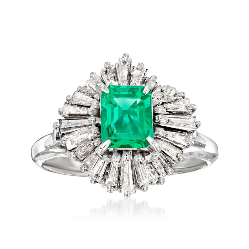 C. 1980 Vintage .89 Carat Emerald Ballerina Ring with 1.12 ct. t.w. Diamonds in Platinum image number 0