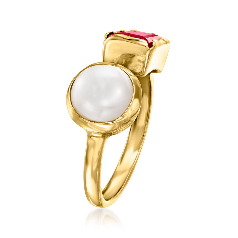 8-8.5mm Cultured Pearl and 1.50 Carat Pink Quartz Toi et Moi Ring in 18kt Gold Over Sterling image number 2