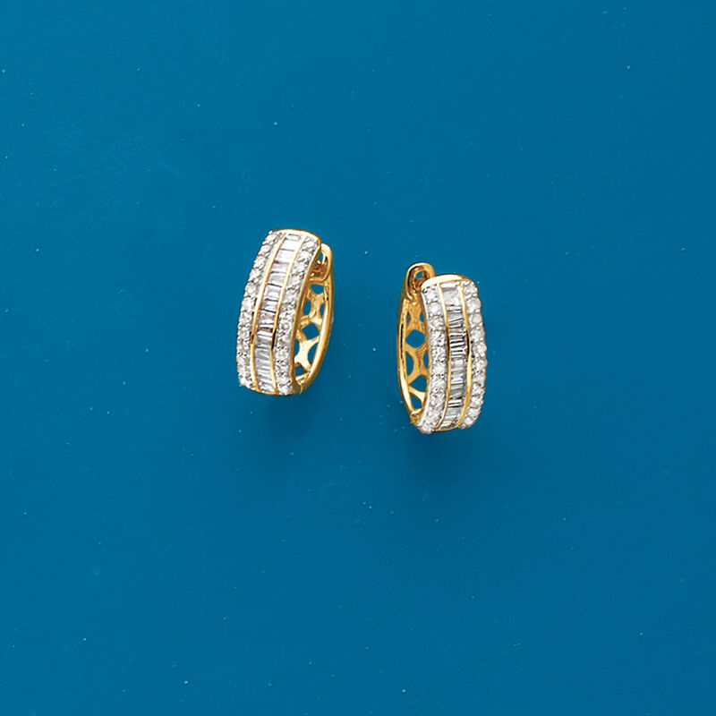 .50 ct. t.w. Baguette and Round Diamond Huggie Hoop Earrings in 14kt Yellow Gold image number 4