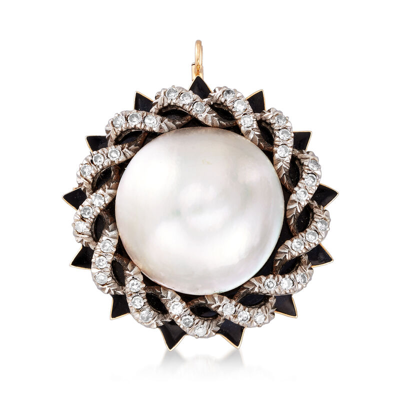 C. 1980 Vintage 21mm Cultured Mabe Pearl and .70 ct. t.w. Diamond Pin/Pendant with Black Enamel in 14kt Two-Tone Gold image number 0