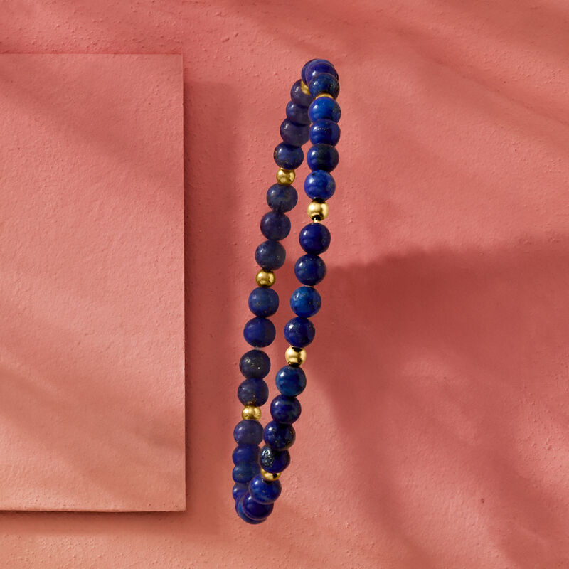 4-4.5mm Lapis Bead Stretch Bracelet with 14kt Yellow Gold. 8" image number 2