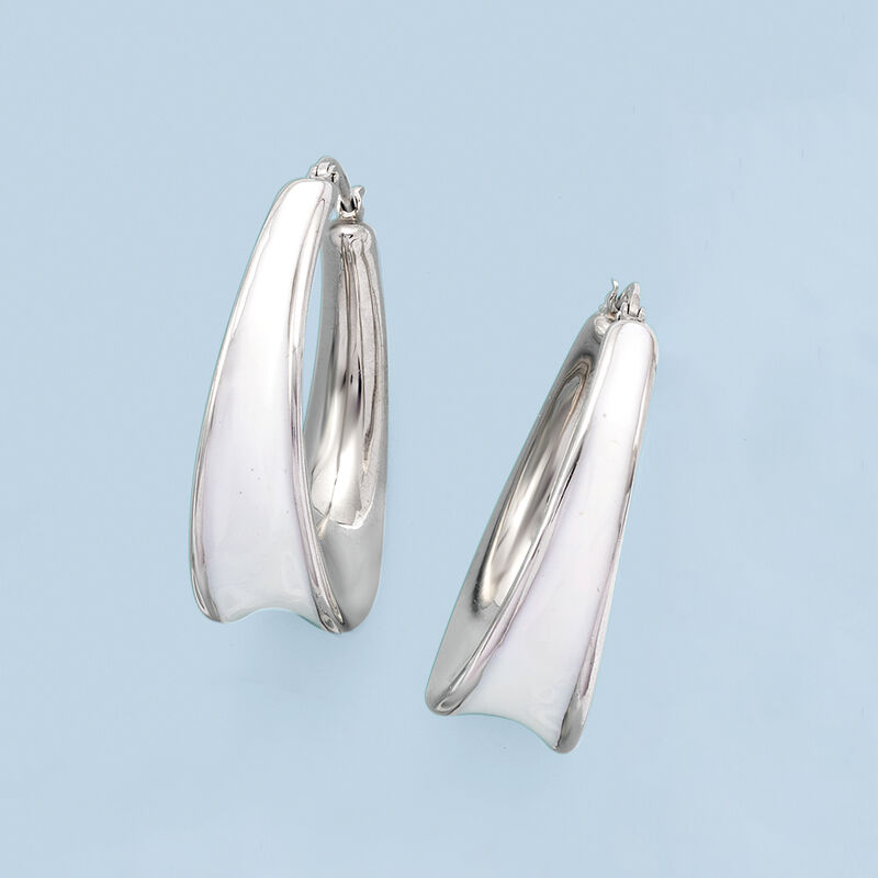Italian White Enamel Hoop Earrings in Sterling Silver. 1 3/8&quot; image number 2
