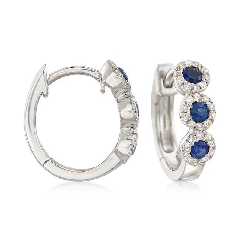 .30 ct. t.w. Sapphire and .20 ct. t.w. Diamond Huggie Hoop Earrings in 14kt White Gold. 3/8&quot;.  image number 0