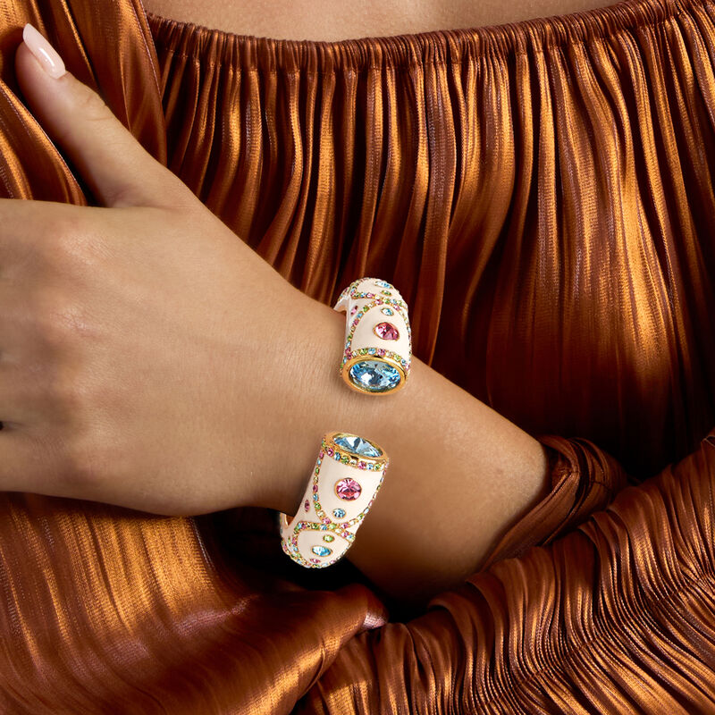 Multicolored Crystal Cuff Bracelet with White Enamel in 18kt Gold Over Sterling image number 1