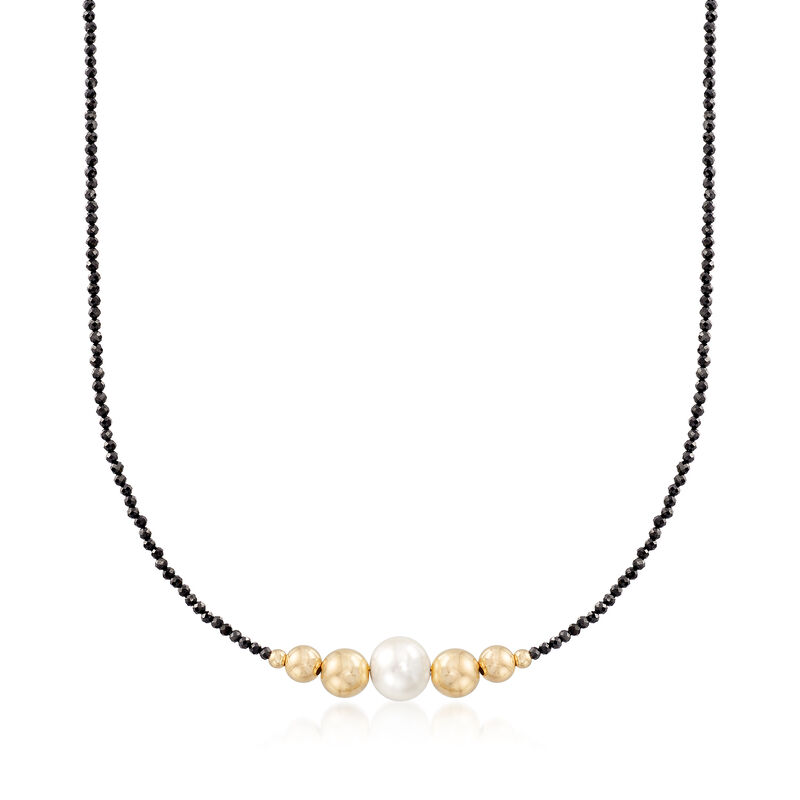 9.5-10mm Cultured Pearl and 18.00 ct. t.w. Black Spinel Bead Necklace in 14kt Yellow Gold image number 0