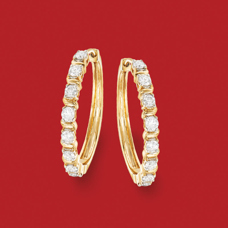 1.00 ct. t.w. Diamond Hoop Earrings in 14kt Yellow Gold. 1&quot; image number 2