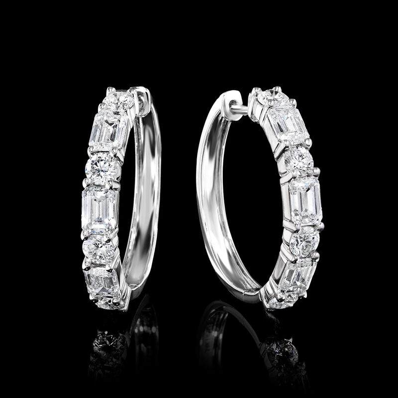 3.00 ct. t.w. Emerald-Cut and Round Lab-Grown Diamond Hoop Earrings in 14kt White Gold. 3/4" image number 2