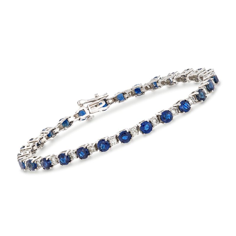 8.75 ct. t.w. Sapphire and 1.35 ct. t.w. Diamond Tennis Bracelet in 14kt White Gold. 7&quot; image number 0
