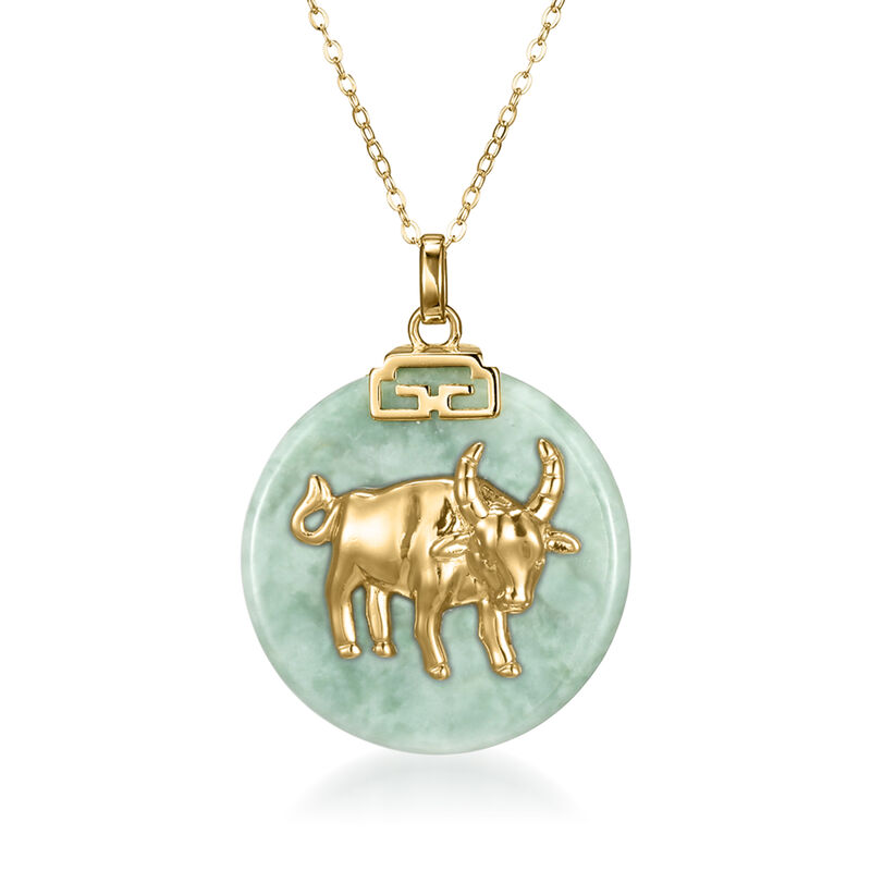 Ox - Jade Chinese Zodiac Pendant Necklace in 18kt Gold Over Sterling. 18&quot; image number 0