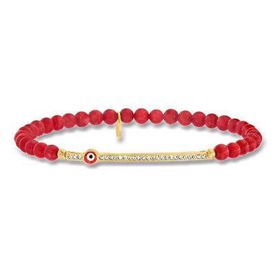 4mm Simulated Red Coral Bead and .10 ct. t.w. CZ Evil Eye Stretch Bracelet with Enamel in 18kt Gold Over Sterling
