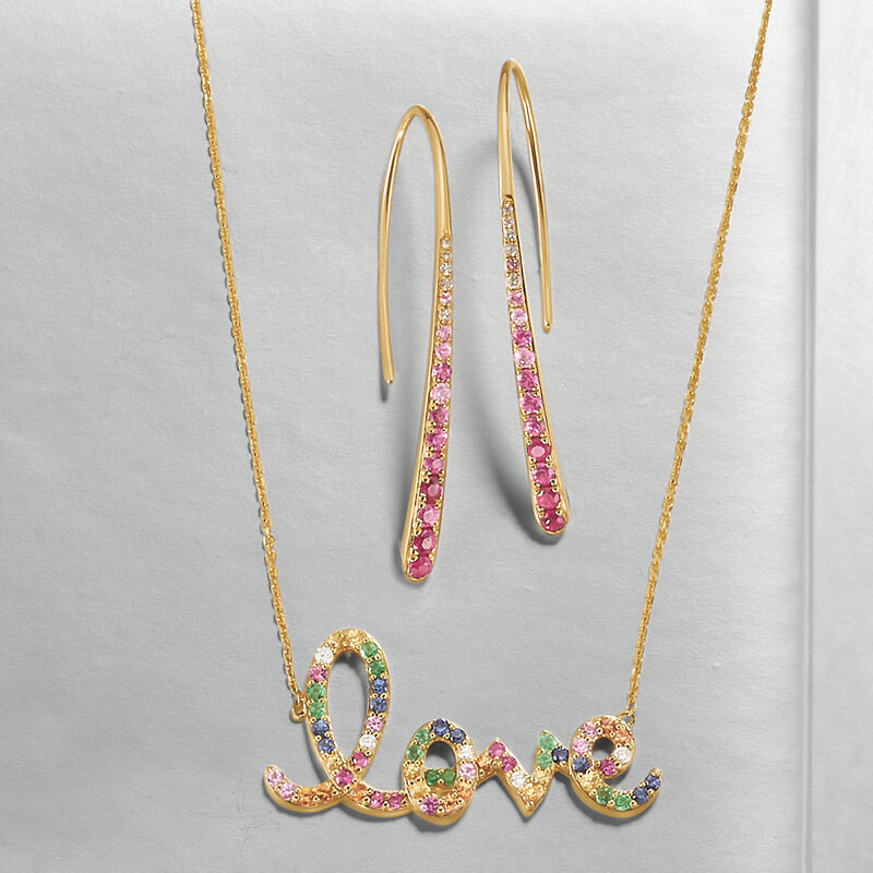 .60 ct. t.w. Multi-Gemstone &quot;Love&quot; Necklace in 14kt Yellow Gold image number 2