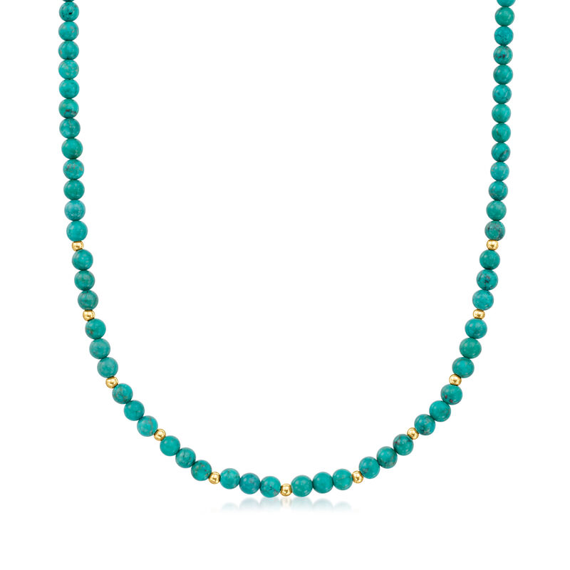 4-4.5mm Turquoise Bead Necklace with 14kt Yellow Gold. 16&quot; image number 1