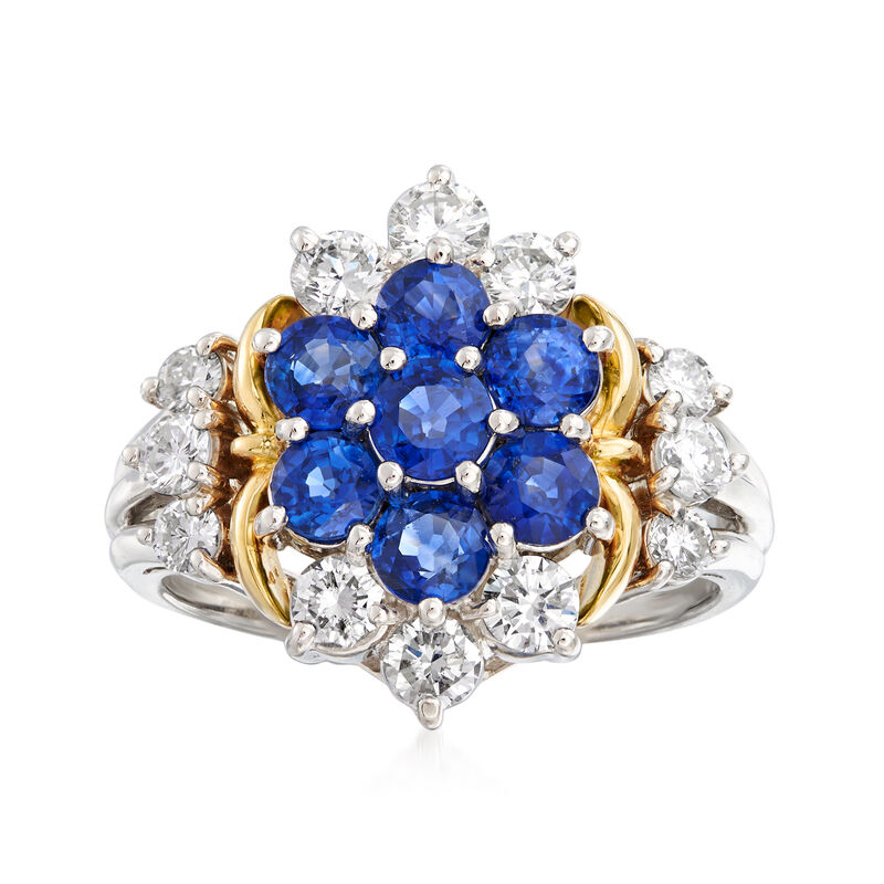 C. 1990 Vintage 1.70 ct. t.w. Sapphire and .88 ct. t.w. Diamond Cluster Ring in Platinum and 18kt Yellow Gold image number 0