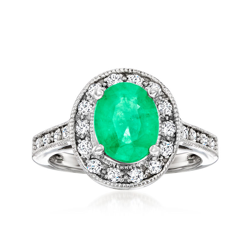 1.70 Carat Emerald and .30 ct. t.w. Diamond Ring in 14kt White Gold. Size 7 image number 0