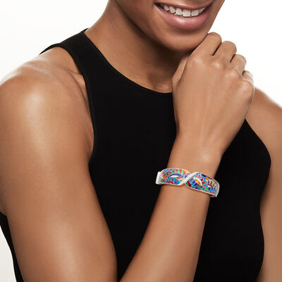 Belle Etoile "Tropicalia" Multicolored Enamel and .30 ct. t.w. CZ Bangle Bracelet in Sterling Silver