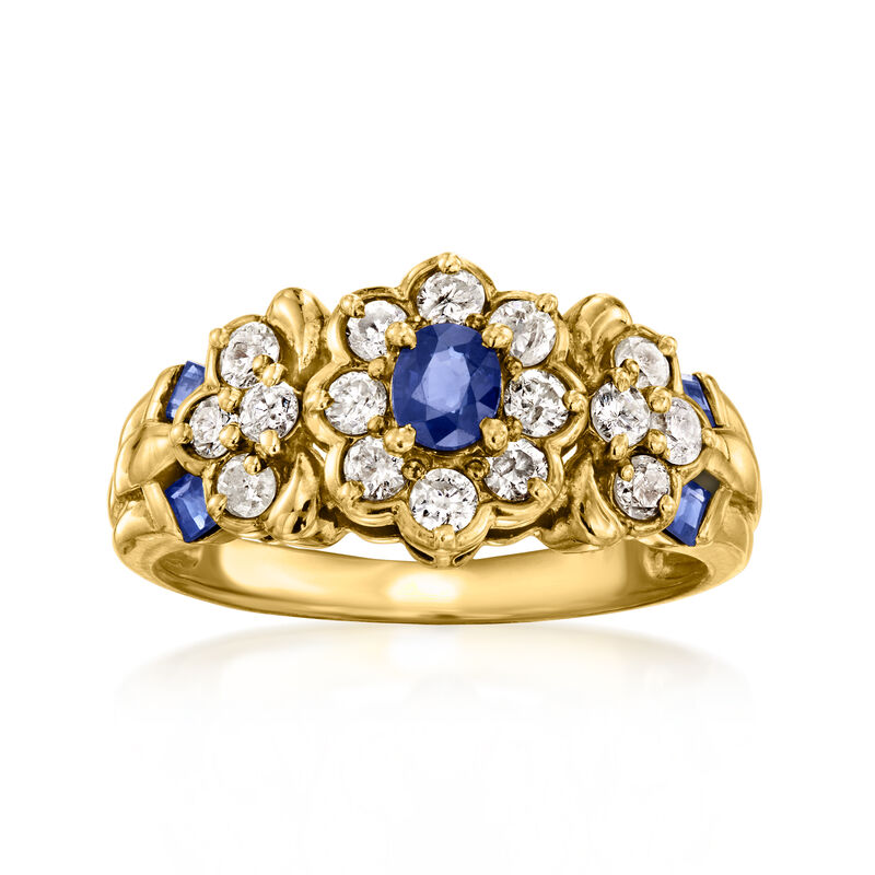 C. 1980 Vintage .53 ct. t.w. Diamond and .50 ct. t.w. Sapphire Flower Ring in 18kt Yellow Gold. Size 6 image number 0