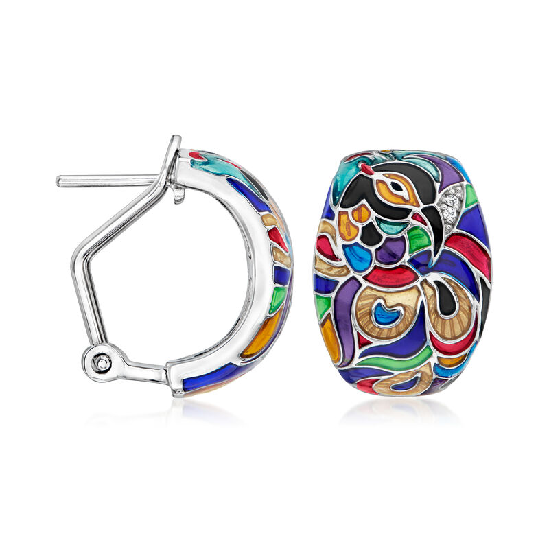 Belle Etoile &quot;Pavona&quot; Multicolored Enamel Hoop Drop Earrings with CZ Accents in Sterling Silver  image number 2