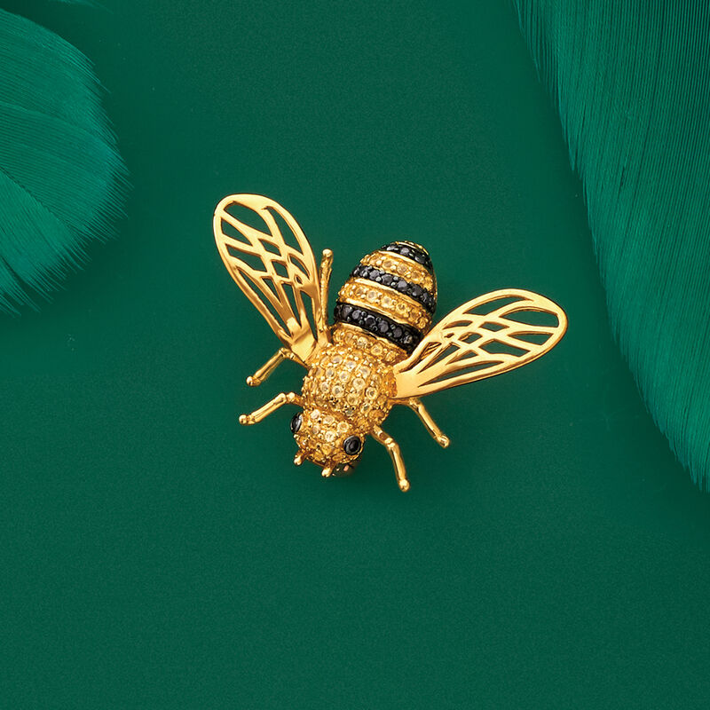 1.30 ct. t.w. Citrine and .40 ct. t.w. Black Spinel Bee Pin in 18kt Gold Over Sterling image number 2