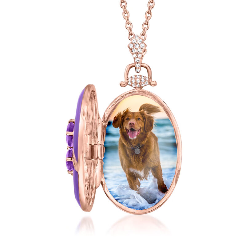 1.50 ct. t.w. Amethyst and .30 ct. t.w. White Zircon Flower Locket Necklace with Multicolored Enamel in 18kt Rose Gold Over Sterling. 18&quot; image number 2