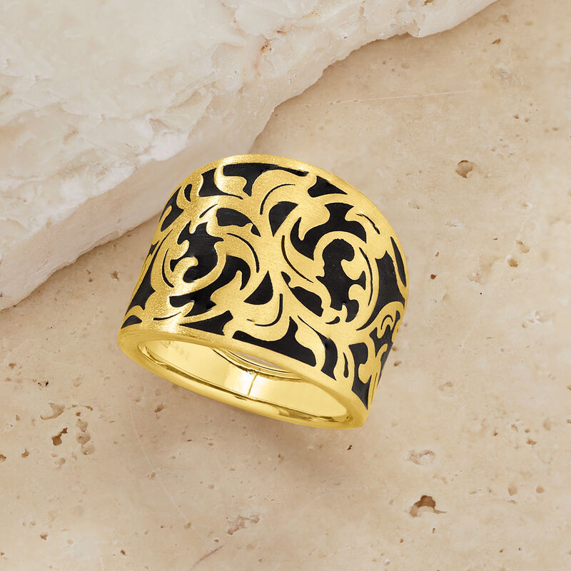 Italian Black Enamel and 14kt Yellow Gold Scrollwork Ring image number 3