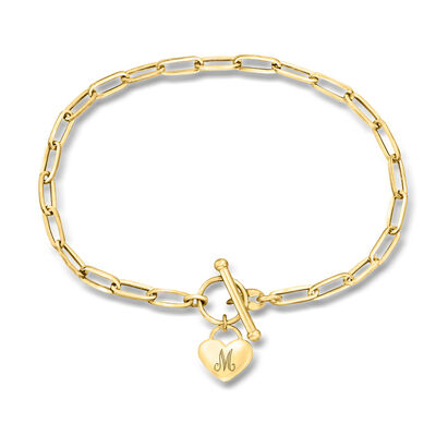 Italian 14kt Yellow Gold Personalized Heart Charm Paper Clip Link Bracelet