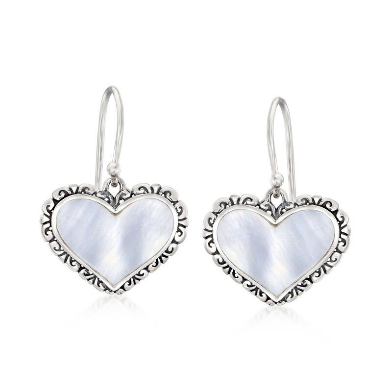 Mother-of-Pearl Bali-Style Heart Drop Earrings in Sterling Silver image number 0