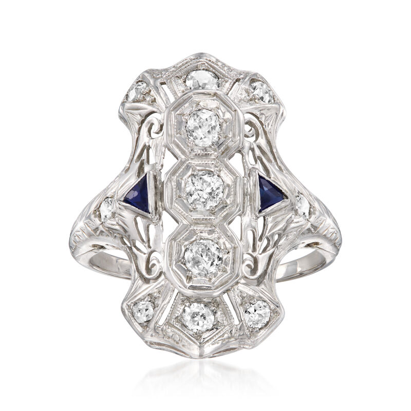 C. 1920 Vintage .55 ct. t.w. Diamond Dinner Ring with .10 ct. t.w. Synthetic Sapphires in 18kt White Gold. Size 7 image number 0