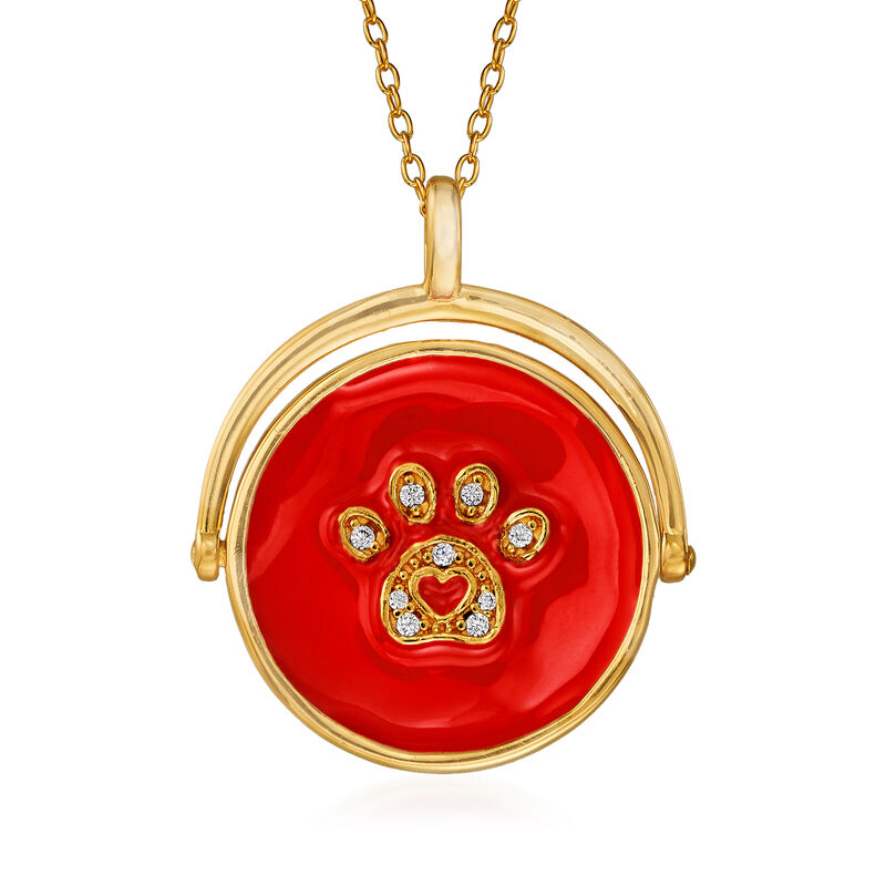 Red Enamel Paw Print Reversible Pendant Necklace with CZ Accents in 18kt Gold Over Sterling Silver. 18&quot; image number 1