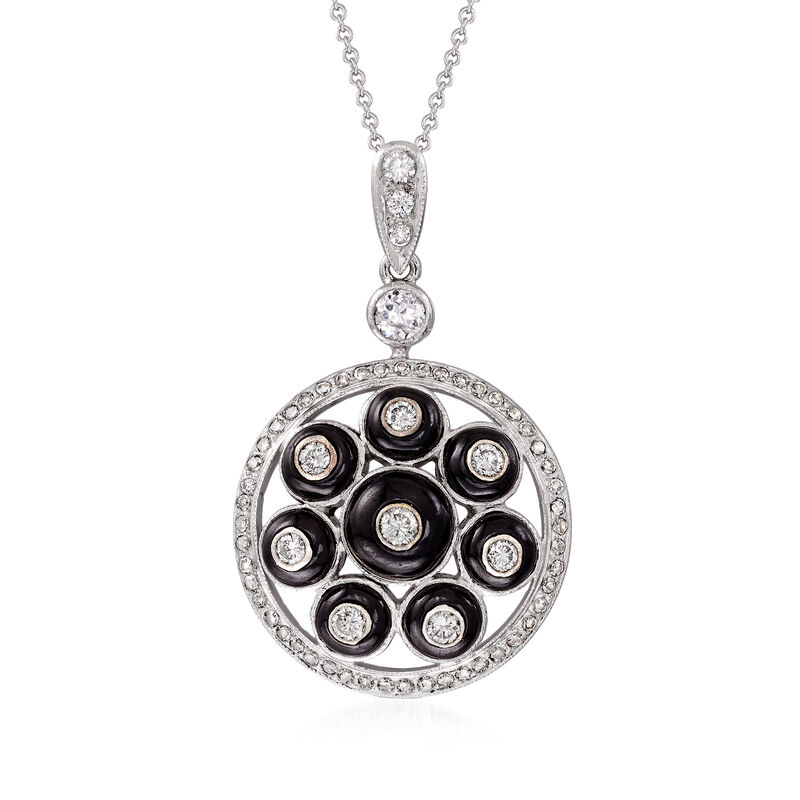C. 1980 Vintage Black Onyx and .75 ct. t.w. Diamond Pendant Necklace in 18kt White Gold. 16&quot; image number 0