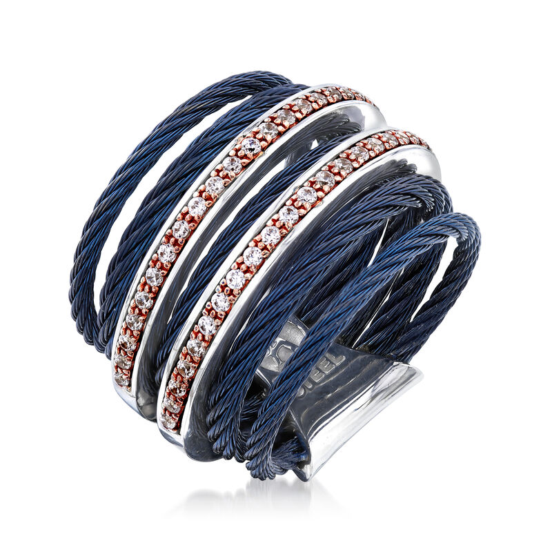 ALOR 'Classique&quot; .38 ct. t.w. Diamond Blue-Hued Stainless Steel Cable Ring with 18kt Rose Gold image number 2