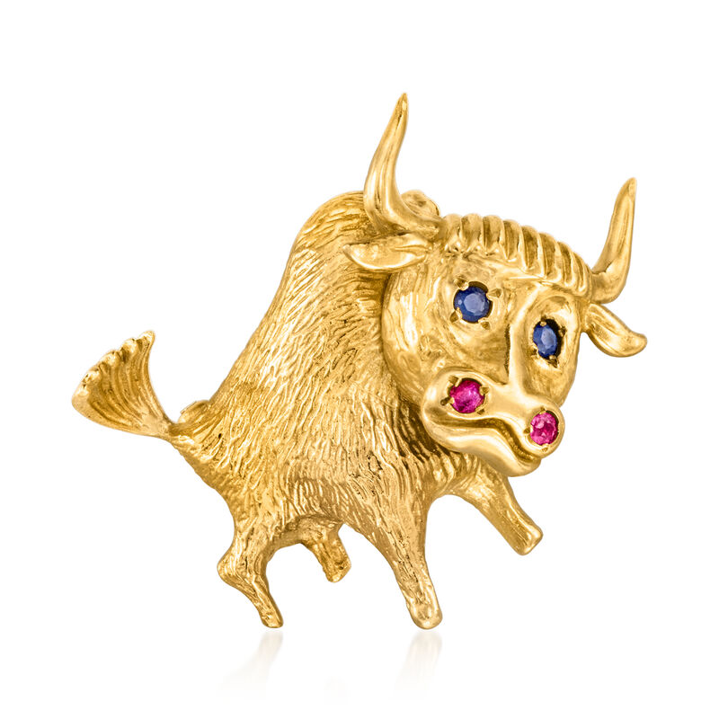 C. 1970 Vintage .14 ct. t.w. Sapphire and .10 ct. t.w. Ruby Bull Pin in 14kt Yellow Gold image number 0