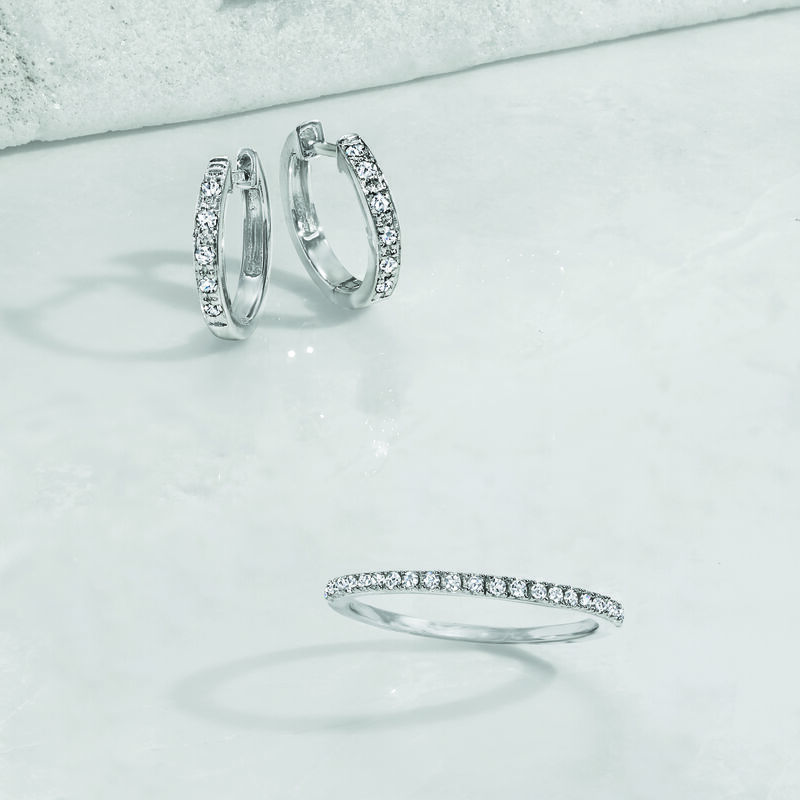 Diamond-Accented Huggie Hoop Earrings in Sterling Silver. 3/8&quot; image number 3