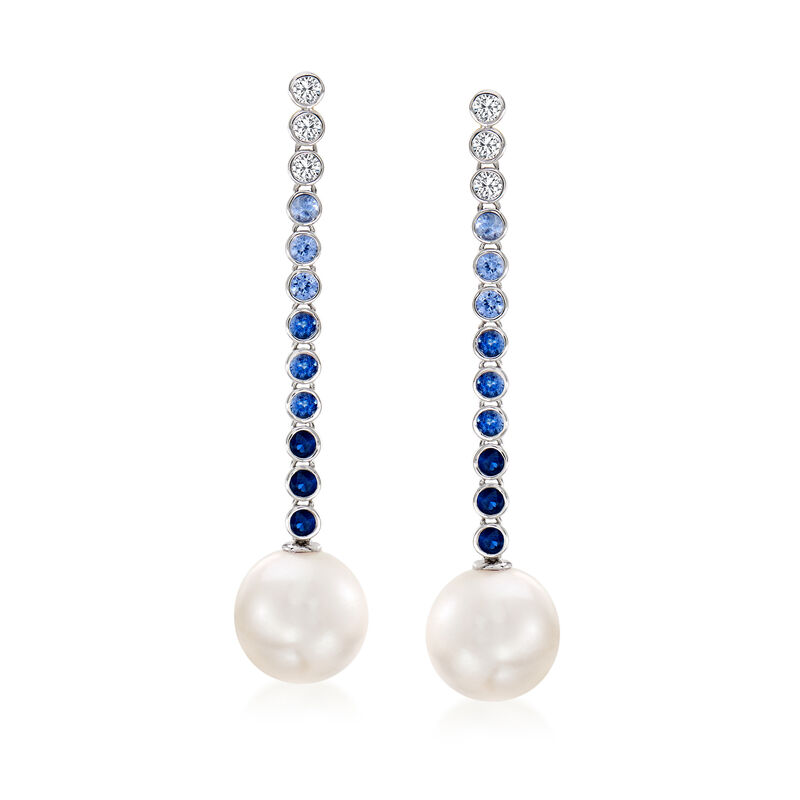 13-14mm Cultured South Sea Pearl and 2.10 ct. t.w. White and Blue Sapphire Drop Earrings in 18kt White Gold image number 0