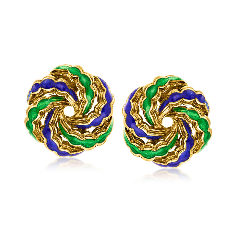 C. 1960 Vintage Blue and Green Enamel Swirl Clip-On Earrings in 18kt Yellow Gold  image number 0